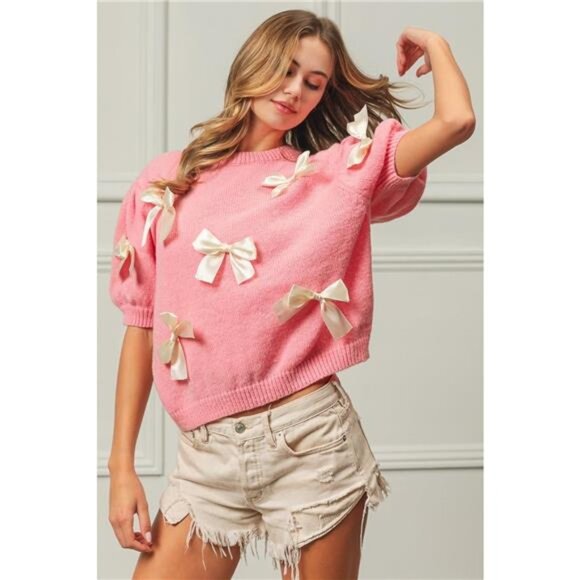 BiBi Sweaters - BiBi Ribbon‎ Bow Detail Puff Sleeve Sweater